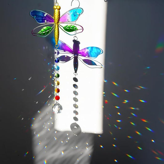 14'' Dragonfly Decor Stained Glass Suncatcher for Windows Hanging Crystal Sun Catcher Prism Rainbow Maker Pendant Ornament for Christmas Tree