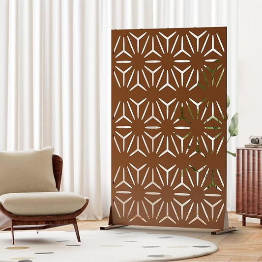 Metal Privacy Screen for Outdoor Freestanding Privacy Screens, 72" H x 44" W Patio Fence Panels with Stand, Portable Brown 3 Panel Screens for Outside Deck Balcony Garden and Indoor