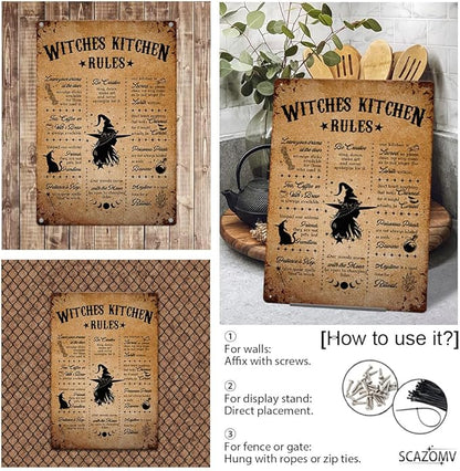 Witches Kitchen Rules Metal Tin Signs Vintage Witches Kitchen Decor Halloween Party Retro Decorations for Home Bar Cafe Porch Patio Yard Outdoor Decorative 12x8 Inch (Retro Copper Rust)