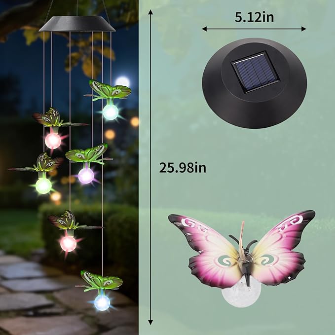 Solar Butterflies Wind Chimes for Outside Garden, Patio, Yard – Decor for Festivals/Birthday/Christmas, for Women Mom Home Garden Patio Decor