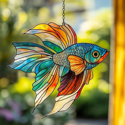 Beta Fish Acrylic Suncatcher Stained Glass Effect Window Car Hanging Christmas Ornament Indoor Outdoor Decor Garden Sun Catcher Panel for Acrylic Suncatcher Lover for Women Mom Grandma