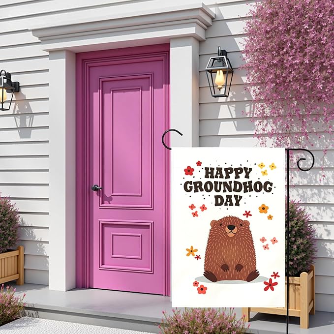 Happy Groundhog Day Garden Flag for Outdoor Spring Yard Flags Cute Groundhog Floral Banner Seasonal Welcome Banners Double Sided Weather Resistant Funny Animal Holiday Decor 12x18 Inch