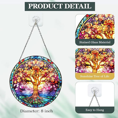 Tree of Life Stained Glass Suncatcher, Colorful Round Window Hanging with Metal Chain, Vibrant Boho Style Glass Sun Catcher Decor for Home Window or Wall