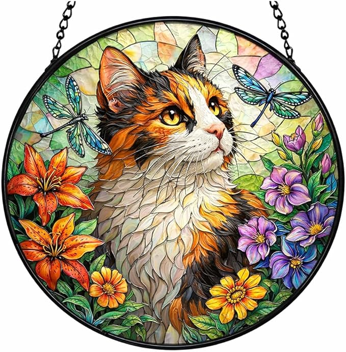 Stained Glass Cat Suncatcher, Double-Sided Light Sun Catchers Indoor Window, Stained Glass Window Hanging Panel, Cat Suncatcher for Windows Hanging Home Decor Mom Gift (6 Inch)