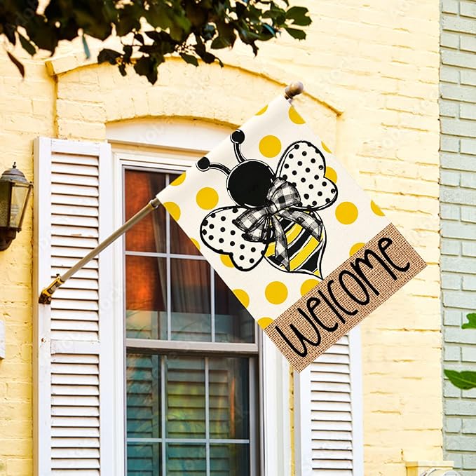 AVOIN colorlife Summer Polka Dot Bee Welcome House Flag 28x40 Inch Double Sided Outside, Seasonal Holiday Burlap Yard Outdoor Decoration