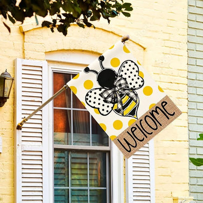 AVOIN colorlife Summer Polka Dot Bee Welcome House Flag 28x40 Inch Double Sided Outside, Seasonal Holiday Burlap Yard Outdoor Decoration