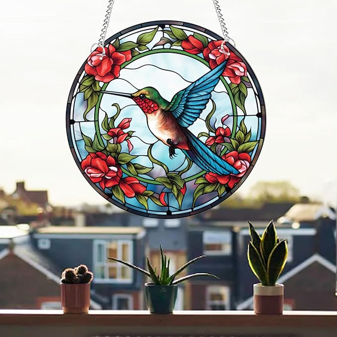 7.9'' Acrylic Window Suncatcher Decor,Stained Panel Hangings Decorative Acrylic Wall Decor Colorful Ornament Window Hangings for Outdoor Indoor Decor(Hummingbird-Blue)