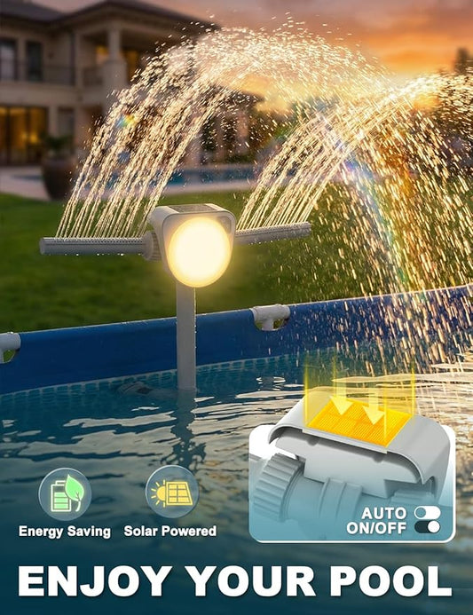 Solar Pool Fountain w/7-Color LED Lights, 2026 Dual-Head Adjustable Spray Pool Fountains for Above & Inground Pools, High-Pressure Waterfall & Pool Sprinkler Fountain for Cooling & Relaxation