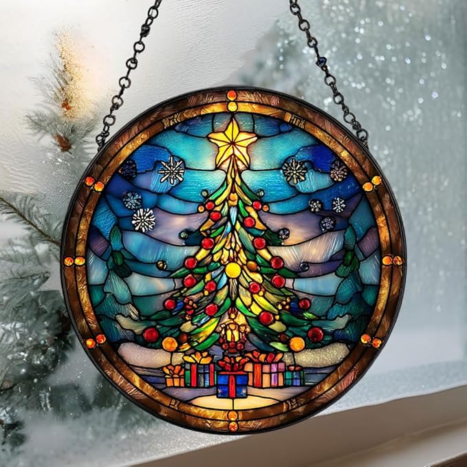 Christmas Tree Presents Star Acrylic Suncatcher Stained Glass Effect Window Car Hanging Christmas Ornament Indoor Outdoor Decor Garden Sun Catcher Panel for Women Mom Grandma