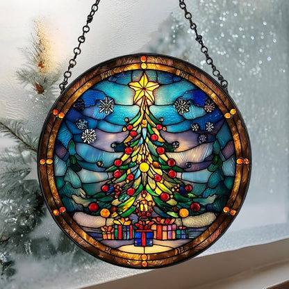 Christmas Tree Presents Star Acrylic Suncatcher Stained Glass Effect Window Car Hanging Christmas Ornament Indoor Outdoor Decor Garden Sun Catcher Panel for Women Mom Grandma