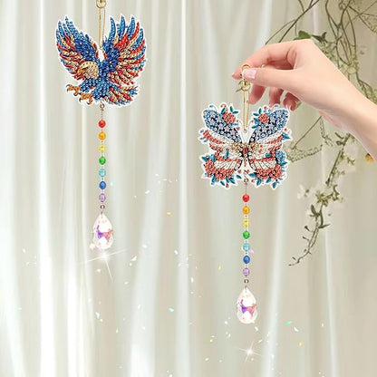 2pcs Diamond Art Painting Wind chime with Crystal pendant, DIY Eagle and Butterfly Double-sided design Special Shape Acrylic Crystal Diamond Art Ornament, Home Window Garden Hanging Pendant Decoration