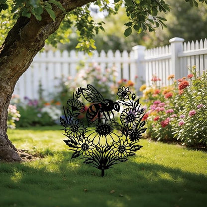 SUPERDANT 1 Pcs Metal Garden Stake Bee Flowers Silhouette Yard Art Plug-In Black Sunflower Iron Decor Lawn Ornament Sign For Lawn Patio Courtyard Farm