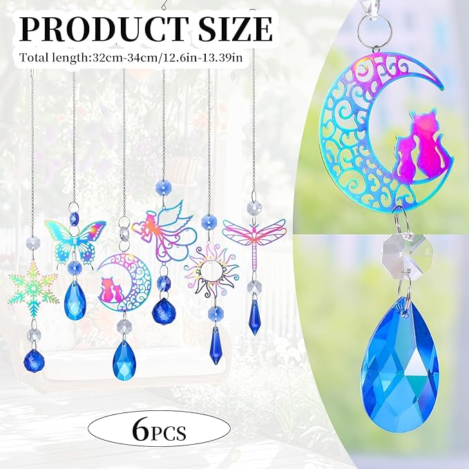 6Pieces Blue Crystals Suncatchers Hanging Sun Catcher with Chain Pendant Ornament Crystal Prisms for Window Home Decoration