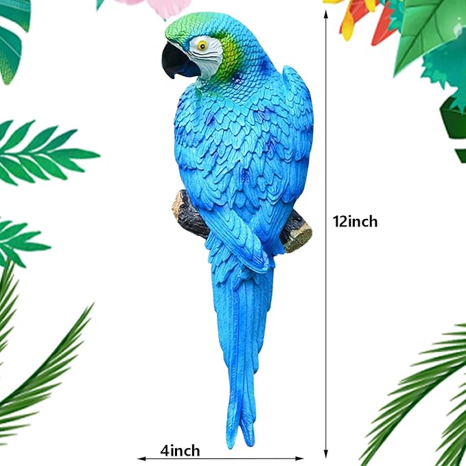 Large Parrot Decor Outdoor Tiki Bar Decoration, 12.5" Fake Birds Wall Art for Tropical Hawaiian Pool Decor, Resin Hanging Realistic Macaw Statue for Patio, Fence, Plam Tree, Yard, Garden, Deck(Blue)