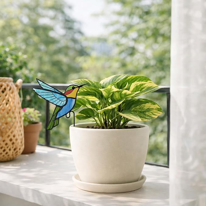 Hummingbird Stained Glass Plant Pot Suncatcher - Handmade Real Glass Flower Pot Ornament for Planters - Indoor Outdoor Garden Décor - Thoughtful Gift for Women, Mom & Bird Lovers