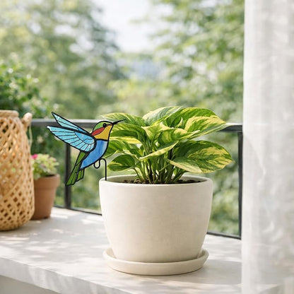 Hummingbird Stained Glass Plant Pot Suncatcher - Handmade Real Glass Flower Pot Ornament for Planters - Indoor Outdoor Garden Décor - Thoughtful Gift for Women, Mom & Bird Lovers