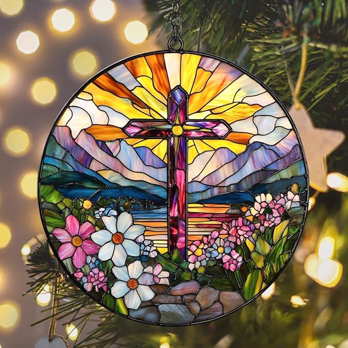 Flowers Hill Cross Acrylic Suncatcher Stained Glass Effect Window Car Hanging Christmas Ornament Indoor Outdoor Decor Garden Memorial Sun Catcher for Family Christmas Jesus Gift for Women Mom Grandma