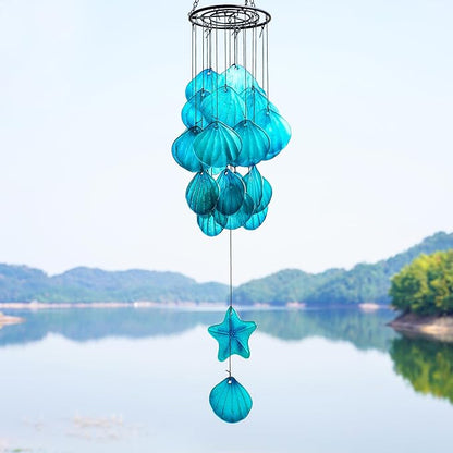 Stained Glass Wind Chimes for Outside,Handmade Large 25 inch Memorial Windchimes Outdoor,Sea Glass Decor for Patio Garden Balcony Porch (Shell & Starfish)
