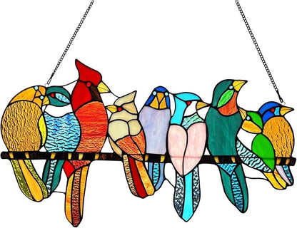 Stained Glass Birds Window Hangings, 9 Multicolor Stained Glass Birds on Branch Suncatcher, Handmade Tiffany Style Bird Lovers Gifts Decor for Mother, Women.