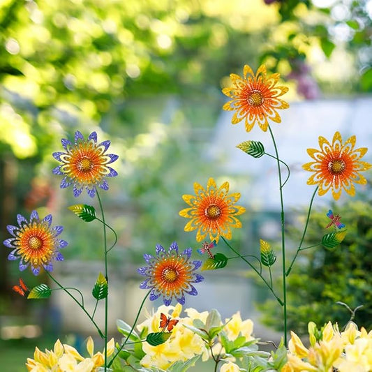 Garden Decor for Outside,2 Pack Metal Yard Art Sunflower Decorative Garden Stakes with Butterfly & Dragonfly for Spring Outdoor Lawn Backyard Porch Patio Decor