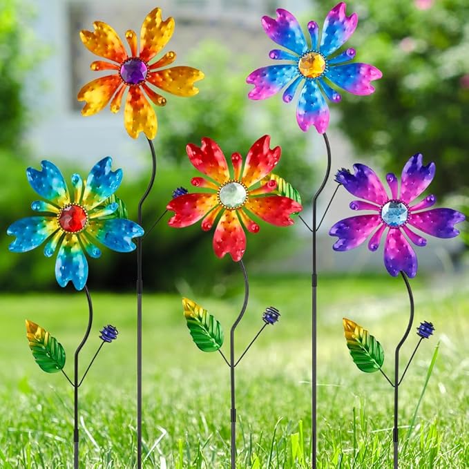 Garden Decor for Outside,5 Pcs Metal Flowers Garden Stakes Decorative Colorful Spring Yard Art Ornaments for Outdoor Lawn Porch Pathway