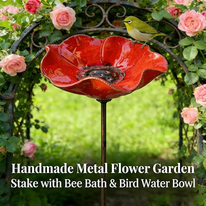 Handmade Metal Flower Garden Stake, Handmade Metal Flower Bird Bath & Pollinator Water Station, Colorful Bee/Butterfly/Bird Watering Station for Garden (1Pcs)