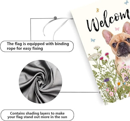 Floral French Bulldog Garden Flag Spring Summer House Flags 28 x 40 Double Sided Flower Dog Yard Flags for Outside Large Outdoor Welcome Flags