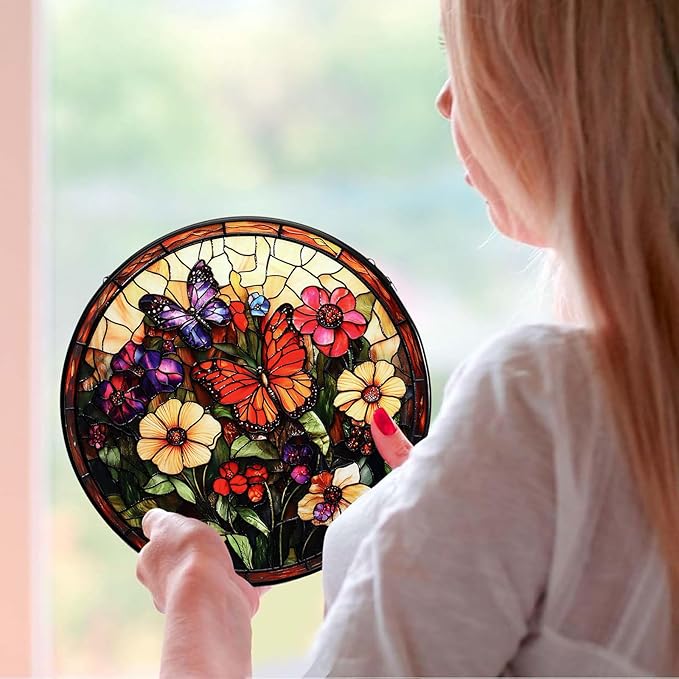 Stained Glass Window Hanging Butterfly 7.8 Inch Wildflowers Suncatcher Glass Panel Boho Window Decor with Chain Round Glass for Garden Wall Birthday Party Housewarming Gifts