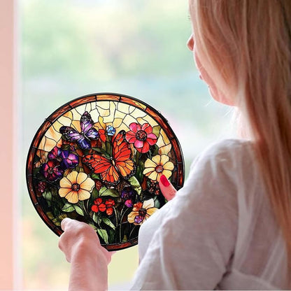 Stained Glass Window Hanging Butterfly 7.8 Inch Wildflowers Suncatcher Glass Panel Boho Window Decor with Chain Round Glass for Garden Wall Birthday Party Housewarming Gifts