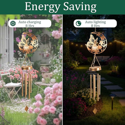 JOBOSI Moon Butterfly Wind Chimes Decorative Gift, Solar Moon Butterfly Wind Chimes for Outside, Mother's Day Wind Chime Gift, Gifts for Women, Mom, Grandma, Outdoor Garden Lawn Yard Decor