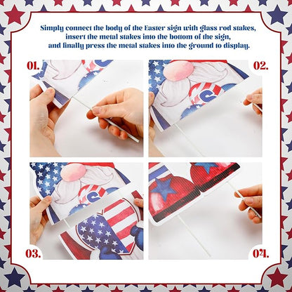 Umigy 3 Pcs 4th of July Yard Decor 32 x 10 Inch Outdoor Independence Day Gnome Yard Sign with Stakes Patriotic Red Blue White Lawn Garden Decoration United States 250th Anniversary Decor