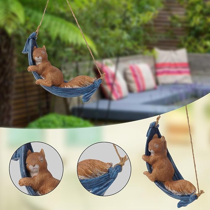 Squirrel Garden Décor Hanging Statue - Hanging on Tree Branch Squirrel Swing Statue Outdoor Garden Decoration Outdoor Gift Comes Statues with Rope and Hook 7.75 * 3.75 * 3.25 Inch
