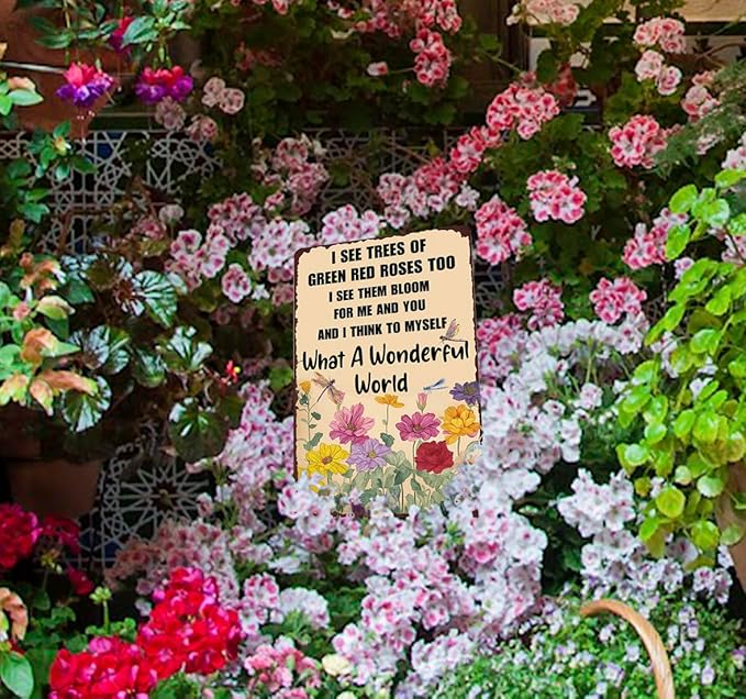 XIULUAN Vintage Garden Art Metal Signs Home Flowers Wall Decoration Easter Decor What A Wonderful World Sign 12x8 Inches, Yellow