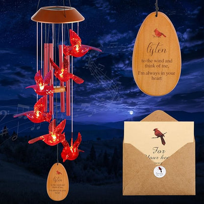 Cardinal Wind Chimes for Outside Solar Cardinal Gifts for Women Mom Grandma Father Memorial Red Bird WindChimes for Loss of Loved One Sympathy Windchime Garden Outdoor Decor