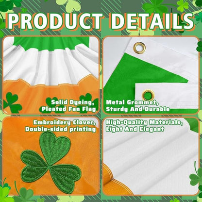 4Pack St Patrick's Day Bunting Flags 2x4 Ft Irish Pleated Half Fan Bunting with Embroidered Shamrock Ireland Patriotic Décor Banner Flag with Grommet for OutsideGarden Decor