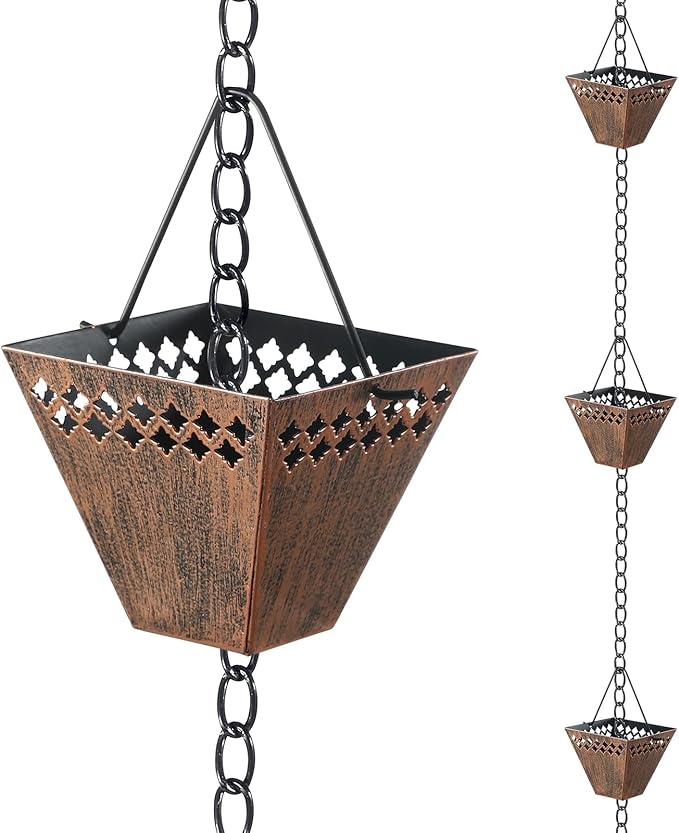 Square Rain Chain Gutter Downspout Copper Rain Chains for Gutters with 12 Cups, Adjustable Rain Catcher Chain with Bell for Outside Water Diverter Garden Decorative Garden, 8.5 Ft