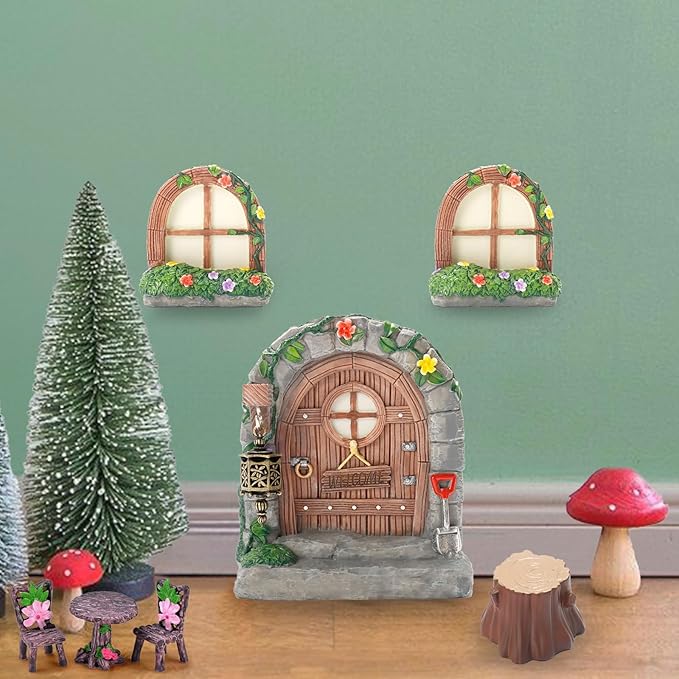 Exasinine 6 Pcs Fairy Door and Windows for Trees Glow in The Dark Fairy Doors Miniature Fairy Garden Accessories for Wall Tree Fairy Garden Outdoor Decor with Tree Stump, 2 Fairy Lanterns