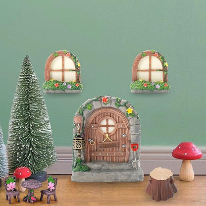 Exasinine 6 Pcs Fairy Door and Windows for Trees Glow in The Dark Fairy Doors Miniature Fairy Garden Accessories for Wall Tree Fairy Garden Outdoor Decor with Tree Stump, 2 Fairy Lanterns