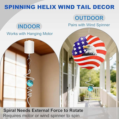 Gazing Ball Spiral Tail Spinfinity Wind Spinner, 13 Inch Stainless Steel with 360° Swivel Hook Hanging, Blue Crystal Glass Orb Captivating Visual Illusion Spinning for Garden Yard Patio Decor Gift