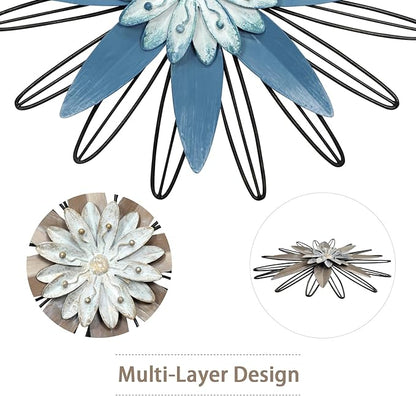 LIFFY Metal Flowers Wall Arts, 2 Pieces 3D Minimalist Flower Wall Decor for Living Room, Bedroom, Sunroom and Outdoor Spaces, Housewarming Gifts(11", blue&khaki)