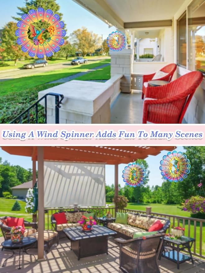 Hummingbird Wind Spinners Outdoor Garden Decor for Outside - 12 Inch 3D Stainless Steel Metal Wind Spinners - Hummingbird Gardening Gifts for Women, Yard Decorations Outdoor Hanging Decor