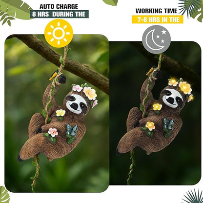 Colingmill 1Pcs 8x5 Inch Solar Sloth Hanging Statue Christmas Resin Garden Gnome Figurine Sloth Decorative with Hook Gifts for Mom Grandma for Outdoor Yard Tree Fence Balcony Wall Decor