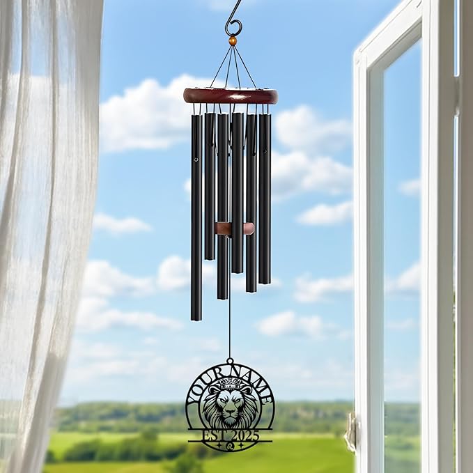 Personalized Customize Name 12 Zodiac Signs Wind Chime, Metal Iron 37 Inch Outdoor Memorial Gift for Garden Yard Patio Home Decor, Black (Leo)