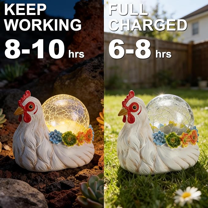 Solar Hen Garden Statue Lights for Outdoor Decor with Cracked Glass LED Ball Figurine Lighting Resin Succulent White Chicken Decorations for Patio Lawn Yard Valentine Gifts for Mom Wowen