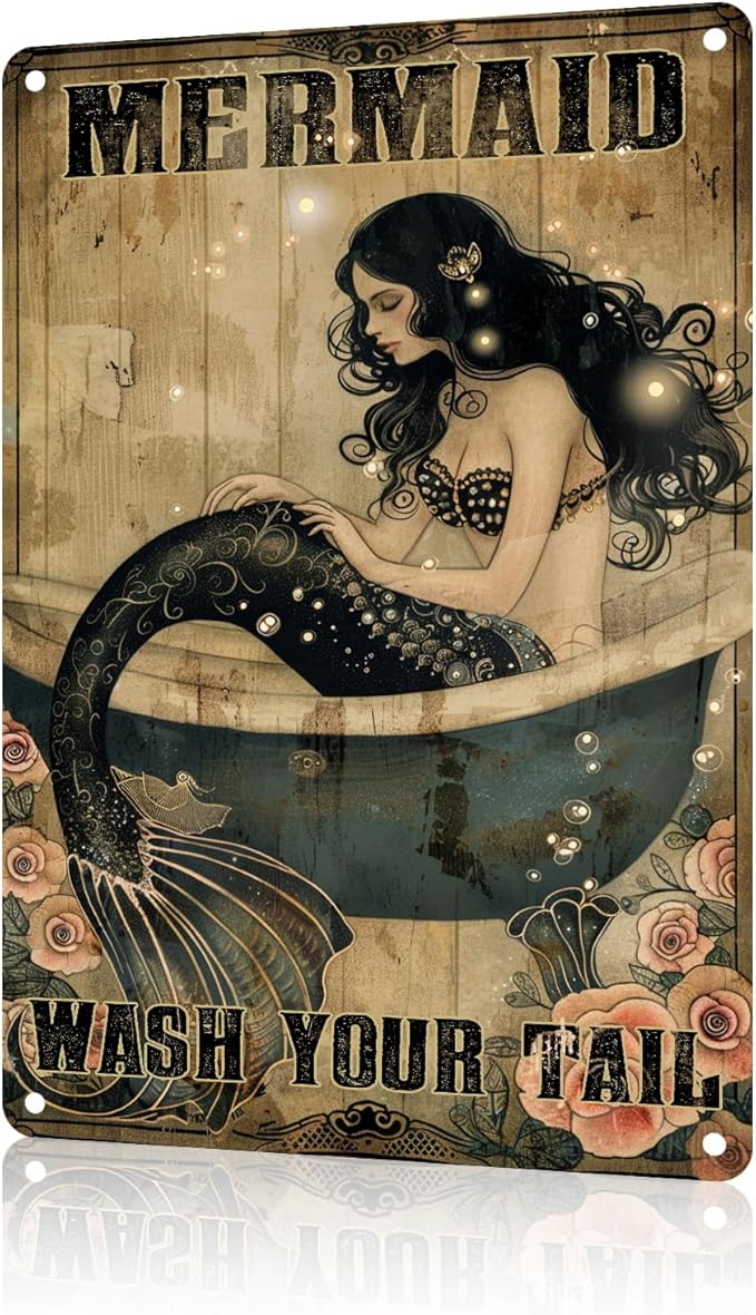 Mermaid Decor Gifts Funny Bathroom Decor Wall Art Coffee Bar Vintage Metal Tin Sign Wash Your Tail Office Home Toilet Signs Wall Decor 8x12 inch
