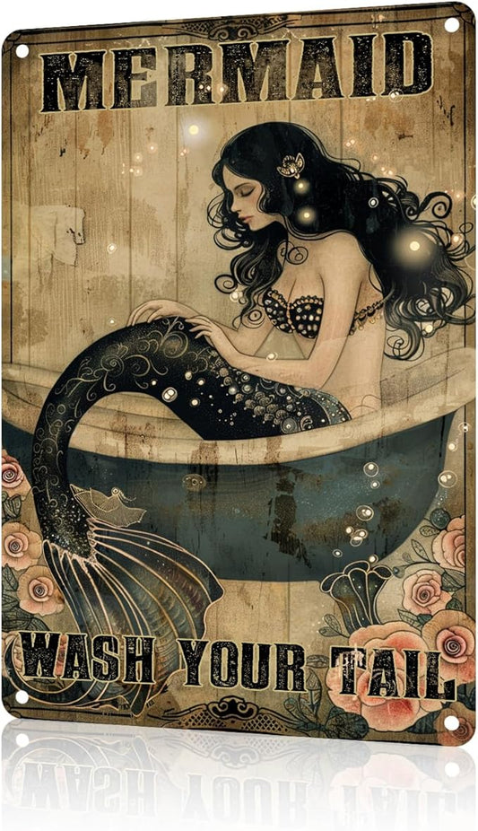Mermaid Decor Gifts Funny Bathroom Decor Wall Art Coffee Bar Vintage Metal Tin Sign Wash Your Tail Office Home Toilet Signs Wall Decor 8x12 inch