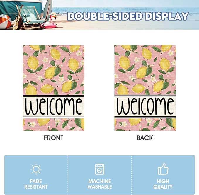 AVOIN colorlife Summer Lemon House Flag 28x40 Inch Double Sided Outside, Pink Welcome Seasonal Yard Outdoor Flag