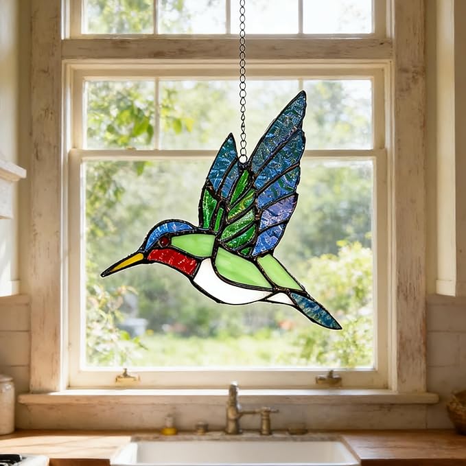 Hummingbird Stained Glass Suncatcher for Window Hanging Handmade Colorful Glass Bird Sun Catcher for Indoor Outdoor Decor,Ruby Throated Hummingbird Gift for Women,Mom,Nature Lovers