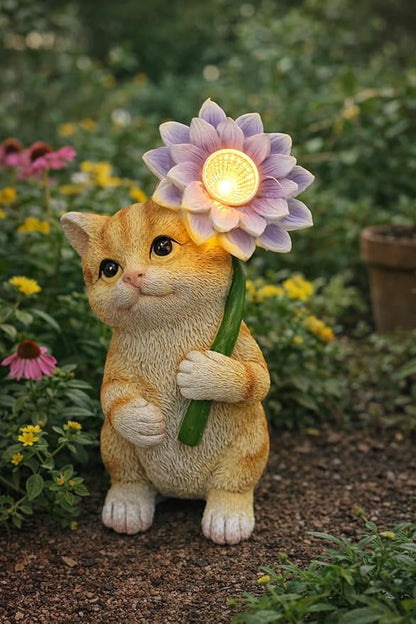 GoGnome Solar Cat Garden Statue with LED Flower for Mom Woman – 6.5‘’ Hand-Painted Resin Outdoor Kitten Figurine, Automatic Night Light, Yard Patio Lawn Decor (Kitten)