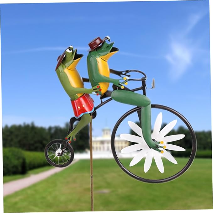 Wind Spinners for Garden, Vintage Metal Wind Spinner Frogs on a Bike Windmill Garden Ornament 3D Animal on Bike Sculptures for Yard Lawn Decor